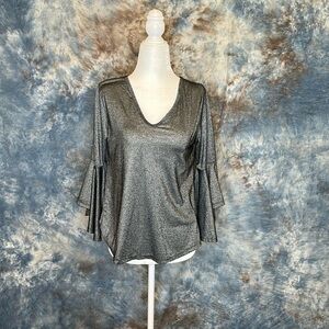 metallic black silver top with cowl back and bell sleeves